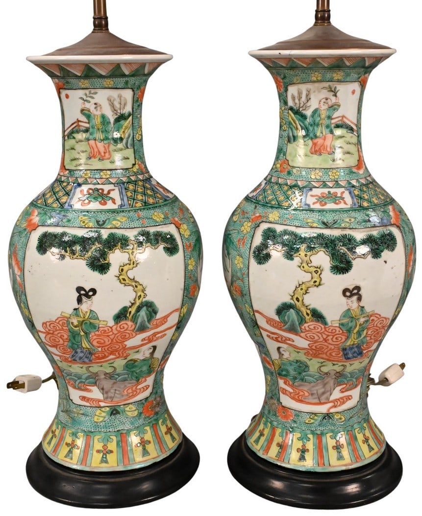 Pair of Chinese Famille Verte Baluster Vases: Pair of Chinese Famille Verte Porcelain Baluster Vases having moth and flower motif, cartouches having painted panel scenes of Geishas, boys playing, and scholars, now mounted as lamps height 16 inche