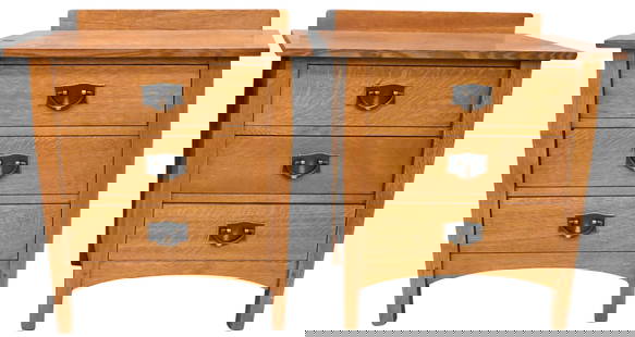 Pair of Stickley Oak End Tables: Pair of Stickley Oak End Tables each having three drawers and backsplash, marked 89-910 #35 June 11 2010 on bottom of drawer, Stickley tag and mark on inside height 29 inches, top 16" x 26" Provenance