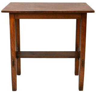 Stickley Brothers Slat-End Rectangular Side Table #2882: Stickley Brothers Slat-End Rectangular Side Table #2882 lower shelf, unmarked other than a seven digit stamped manufacturing number, early 20th century height 30 1/4 inches, width 30 inches, depth 18