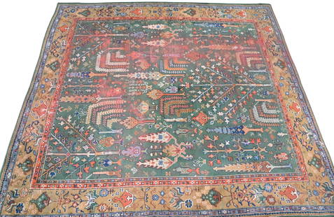 Oushak Oriental Carpet: Oushak Oriental Carpet having wear 10' 3" x 11' Provenance: Marvin Kagan Gallery 6/16/2000 $62,785 (no receipt available, information came from family database) from a Park Avenue, New York, estate