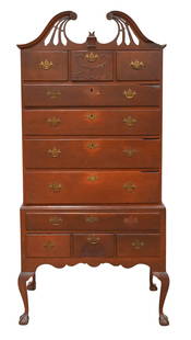Chapin School Chippendale Cherry Highboy: Chapin School Chippendale Cherry Highboy in two parts, upper section having pierced carved broken pediment and top having small center carving over three drawers the center one having vine and rosette