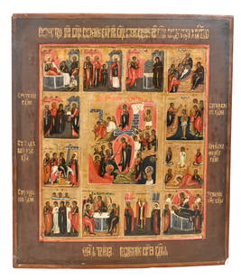 Russian Icon of The Twelve Great Feasts and Resurrection: Russian Icon of The Twelve Great Feasts and Resurrection on wood having gilt decor accents, 19th century or earlier 14" x 12"