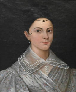 French School, 19th Century: French School, 19th Century Portrait of Jeanne Juliette Griolet (born in Nimes 1820, died in Geneva in 1865), depicting a woman Oil on canvas Unsigned 18" x 15" Genealogy of sitter: The sitter was the