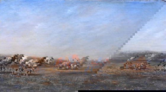 Jules Jacques Veyrassat (French 1828-1893): Jules Jacques Veyrassat (French 1828-1893) Harvesting Hay and "La Moisson" Depicting a farmer plowing, led by 3 work horses with the hay harvest in the background Oil on canvas Signed lower left "J. V