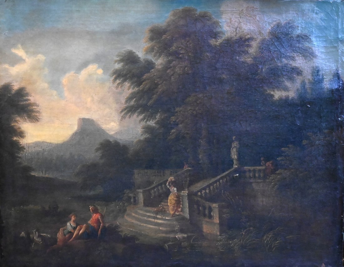 Continental School Possibly circle of Jan Frans Bloemen (Belgian 1662-1749): Continental School Possibly circle of Jan Frans Bloemen (Belgian 1662-1749) Pastoral scene with shepherds in on Italian landscape with ornate staircase Oil on canvas, relined Gimbel Brothers frame lab