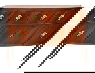 Federal Mahogany Sideboard: Federal Mahogany Sideboard having bowed front over conforming case of three drawers over two center doors flanked by two bottle drawers, all on turned and fluted legs, circa 1830 height 41 1/2 inches,