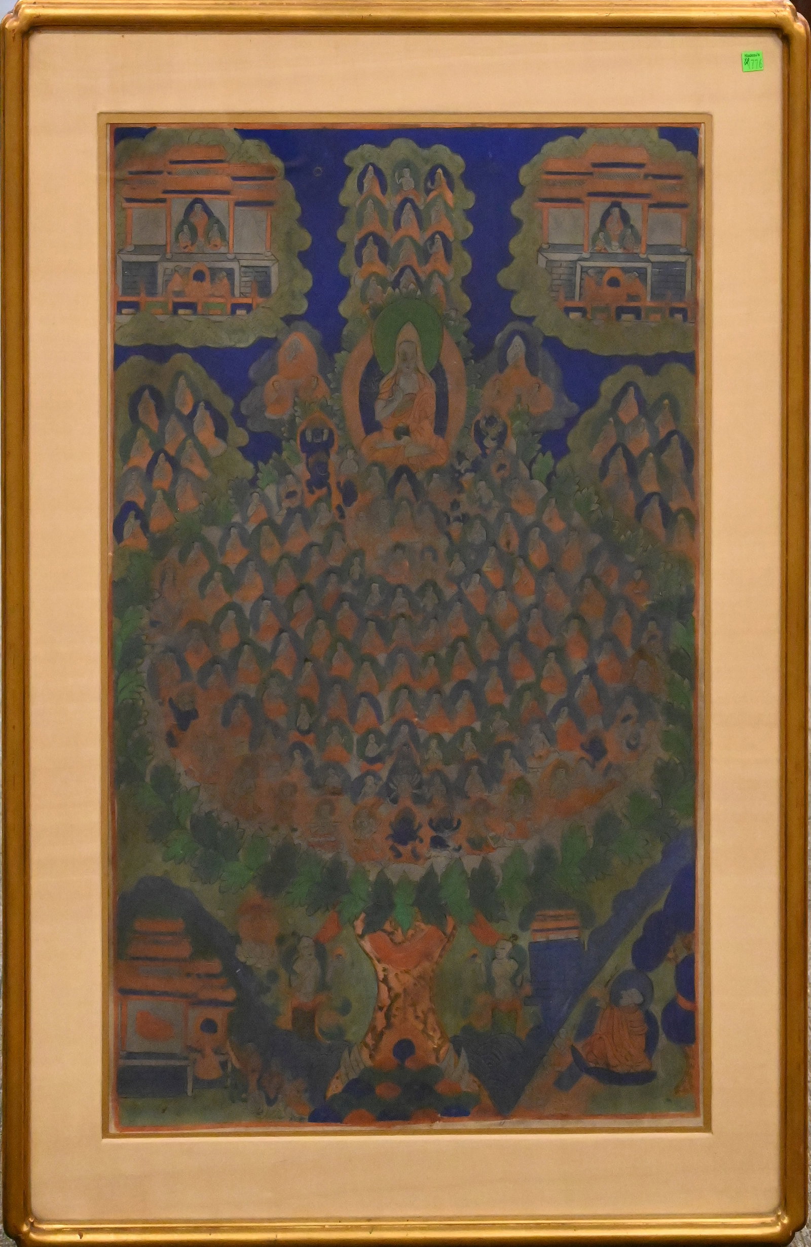 Tibetan Thangka: Tibetan Thangka Watercolor on canvas (18th likely century) Depicting the Field of Merit with Tsongkhapa, founder of the Gelugpa School of Buddhism seated in the center above a lineage of teachers 34" 