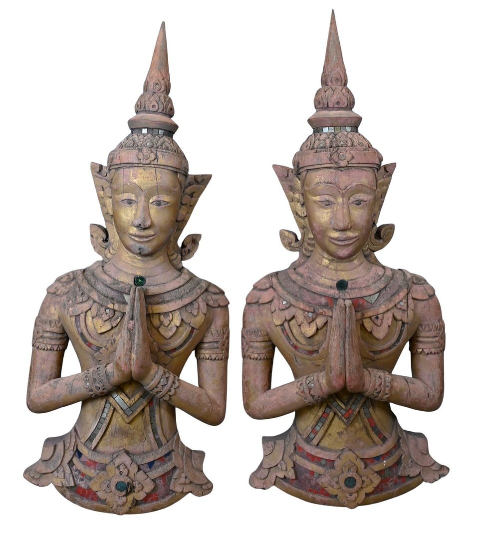 Pair of Burmese Thep Phanom (Guardian Angel) Carved Half Figures (1 of 13)