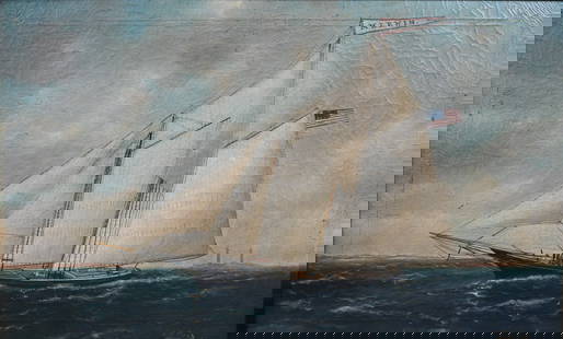 American School (19th Century): American School (19th Century) "Schooner Merwin" Nautical scene with a boat and city in the distance Oil on canvas Signed lower right E.B. Rich Circa 1870 22 x 35