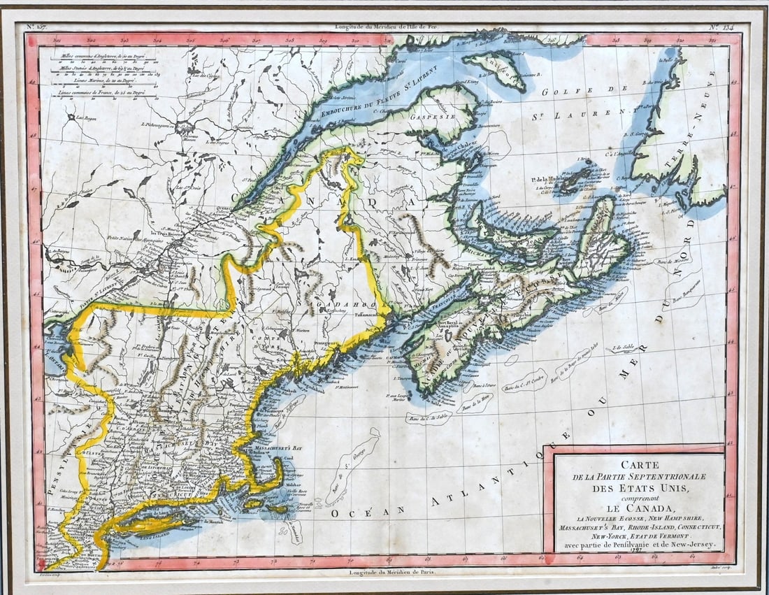 Pierre François Tardieu (French 1711-1771): Pierre François Tardieu (French 1711-1771) "Carte de la Partie Septentrionale des Etats Unis Comprenant le Canada" 1797 Hand Colored map engraving of North America - The United States and Canada,