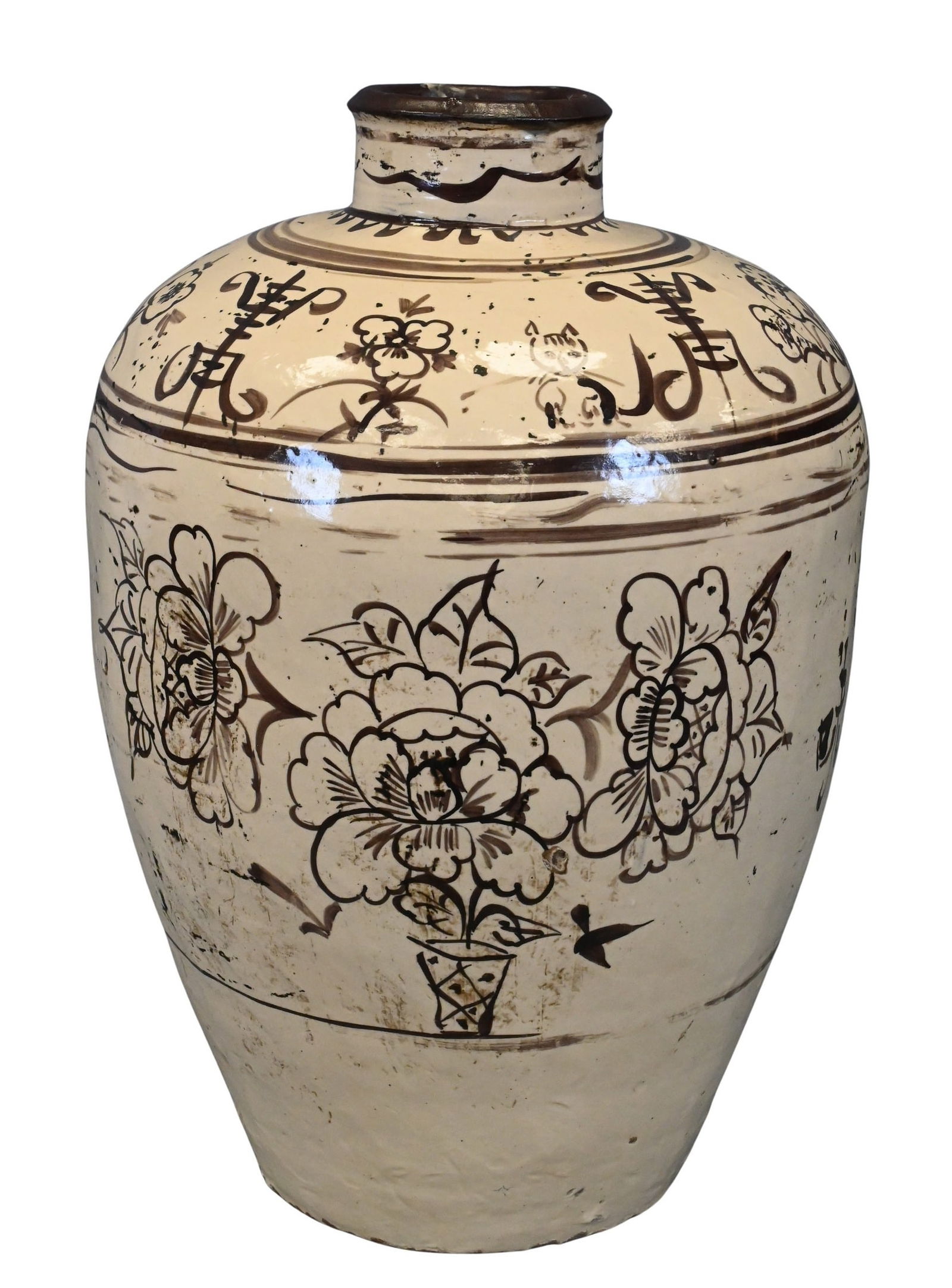 Large Chinese Cizhou Pottery Vase: Large Chinese Cizhou Pottery Vase of tapering form in ivory ground, brown calligraphy, and floral accents, used for storing wine height 25 inches