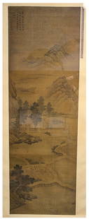 Large Chinese Scroll Painting on Silk: Large Chinese Scroll Painting on Silk depicting a mountain landscape with villagers and cottages having character marks upper left, inscription upper right, now framed image size 62" x 21" Provenance: