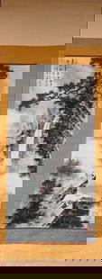 Chinese Scroll Painting: Chinese Scroll Painting Depicting a figure on a mountain with character marks Watercolor on silk, paper 48" x 22"