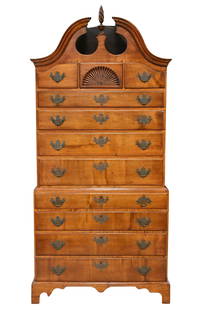 Chippendale Maple Chest on Chest: Chippendale Maple Chest on Chest in two parts upper sections having closed bonnet top over three short drawers over four graduated drawers on lower section with four graduated drawers set on cut out b
