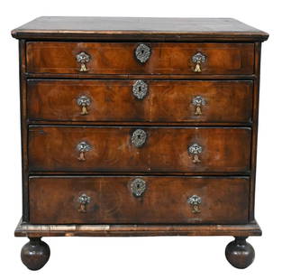 William and Mary Highly Figured Walnut Chest: William and Mary Highly Figured Walnut Chest having line inlays, all set on ball feet, late 17th early 18th century height 35 inches, width 32 3/4 inches, top 21 1/4" x 34" Provenance: The Estate of J