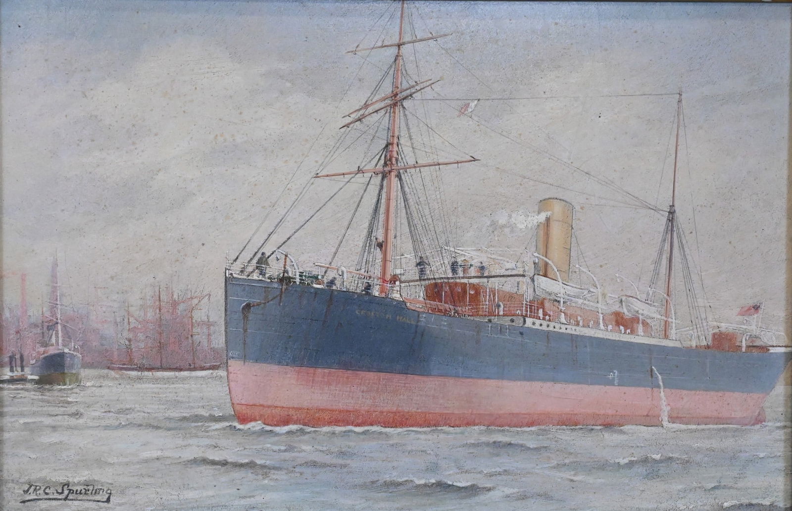 John (Jack) Robert Charles Spurling (British 1870-1933): John (Jack) Robert Charles Spurling (British 1870-1933) "Steam Ship Crofton Hall" Oil on board Signed lower right "J.R.C. Spurling" 8 x 12 Provenance: Colin Denny Ltd., Specialists in Marine Works of