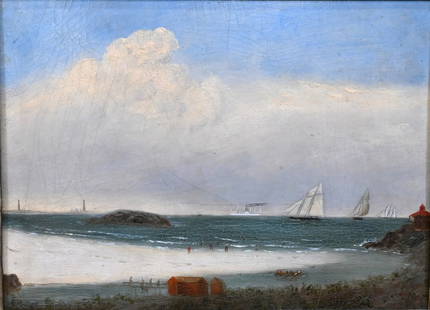 Clement Drew (American 1806-1889): Clement Drew (American 1806-1889) "View Near the Bass Rock House Cape Ann (MA)", 1883 coastal seascape Oil on masonite Signed and titled on verso "C. Drew 1883" 9" x 12" Provenance: The Sporting Galle