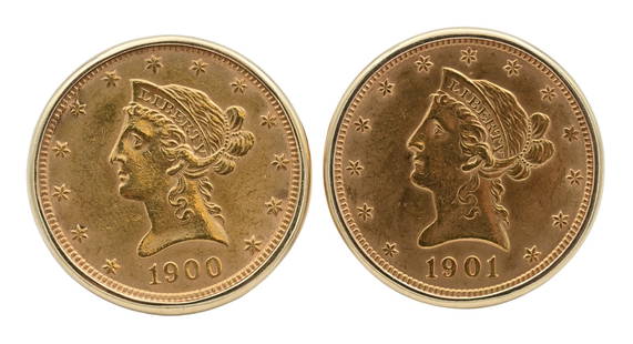 Pair of 14K Yellow Gold & $10 Gold Coin Cufflinks: Pair of 14K Yellow Gold & $10 Gold Coin Cufflinks circular form yellow gold cufflinks with flip back closures, stamped “14K”, set with a United States 1900 Liberty Head Eagle ($10) gold coin a