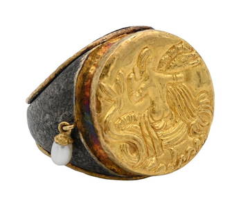 Gasia 24K Gold and Silver Ring: Gasia 24K Gold and Silver Ring having an ancient coin motif along with six green stones and one small pearl size 8 3/4, total weight 29.8 grams