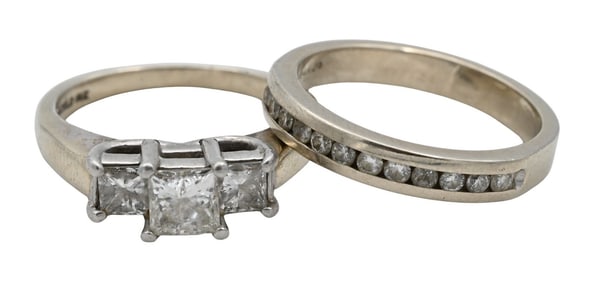 Two Piece 14K White Gold and Diamond Engagement / Wedding Ring Set