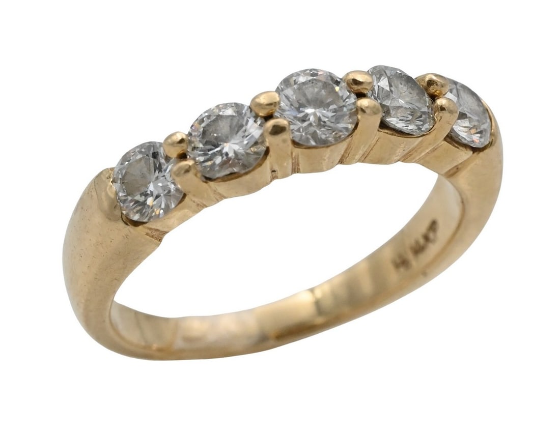 14K Yellow Gold and Diamond Ring: 14K Yellow Gold and Diamond Ring having five round cut diamonds, approximately 3.8 mm each size 6, total weight 3.7 grams