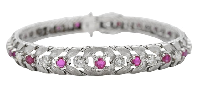 18K White Gold, Diamond, and Pink Stone Bracelet