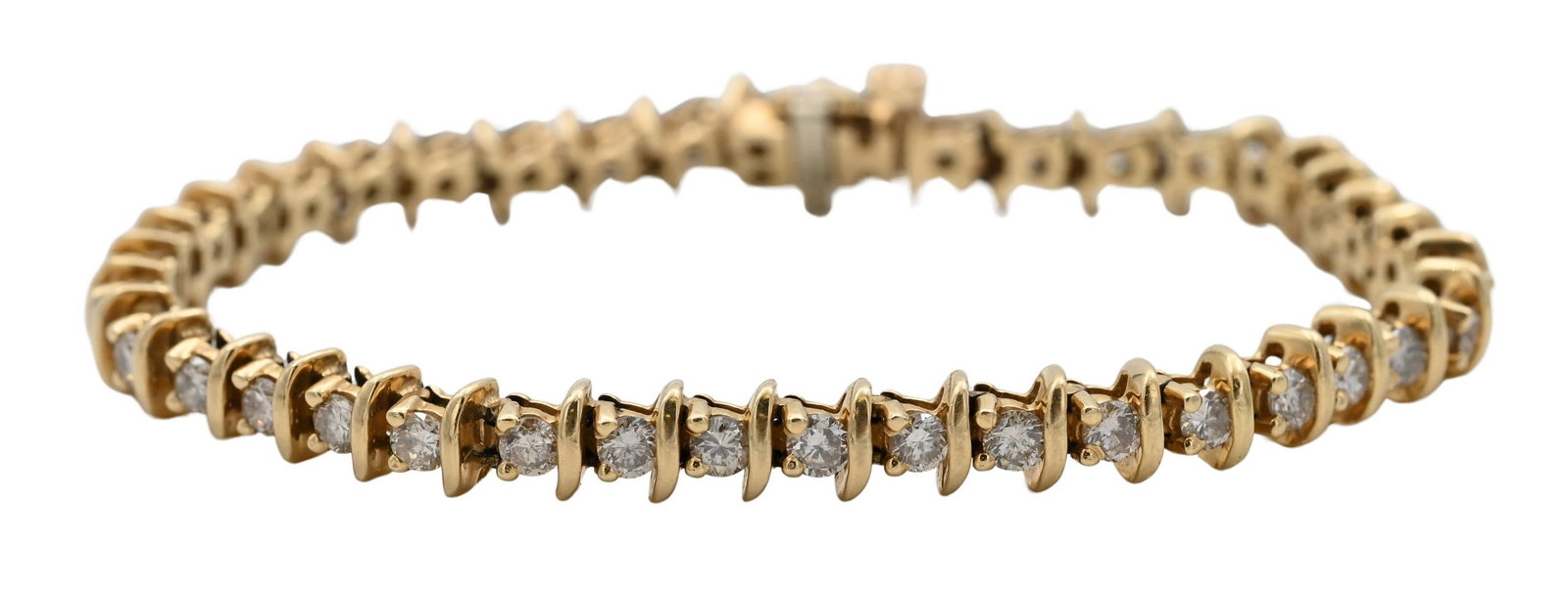 14K Yellow Gold Diamond Tennis Bracelet: 14K Yellow Gold Diamond Tennis Bracelet having 40 small round cut diamonds length 7 3/4 inches, total weight 17.4 grams