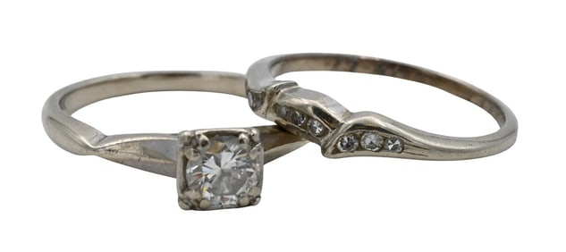 Two Piece 14K White Gold and Diamond Engagement / Wedding Ring Set