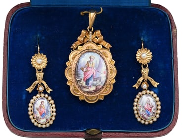18K Yellow Gold Painted Porcelain Pendant and Earring Set