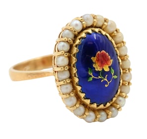 18K Yellow Gold Enamel and Pearl Ring