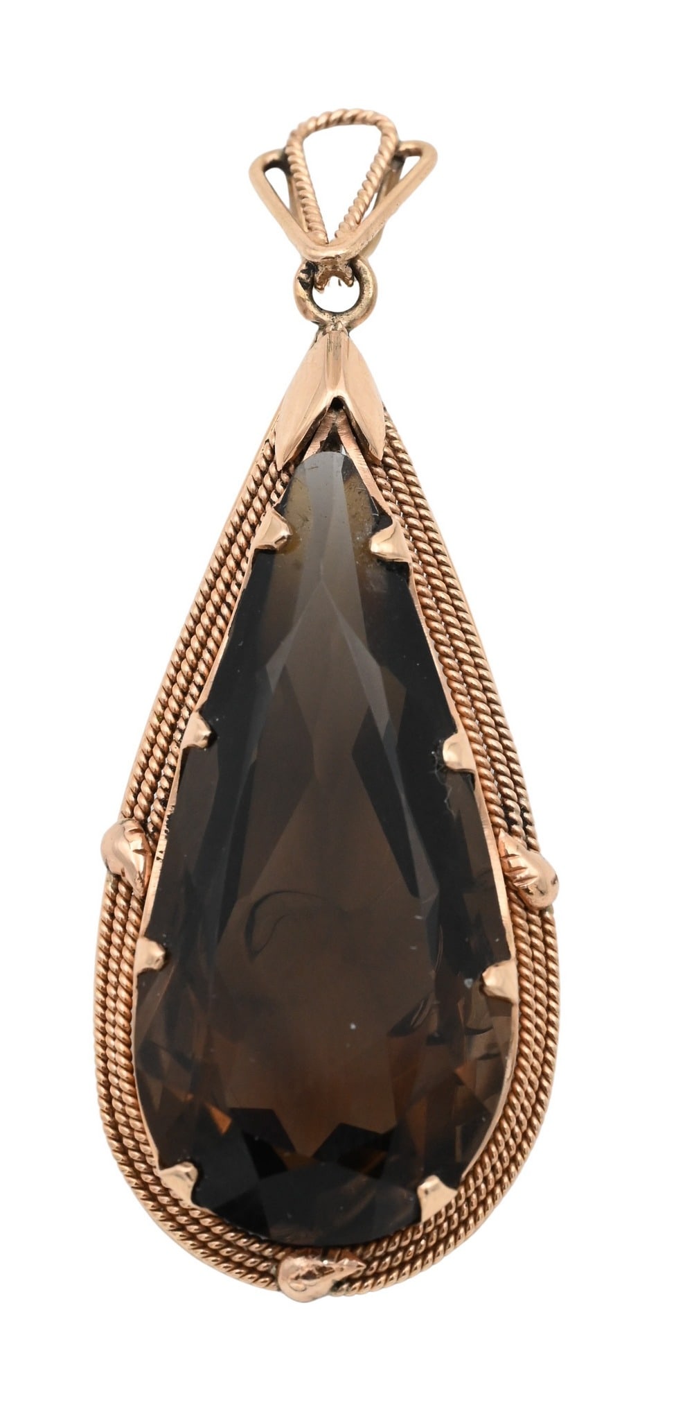 14K Rose Gold and Smoky Quartz Teardrop Form Pendant: 14K Rose Gold and Smoky Quartz Teardrop Form Pendant length 2 1/2 inches, total weight 16.2 grams