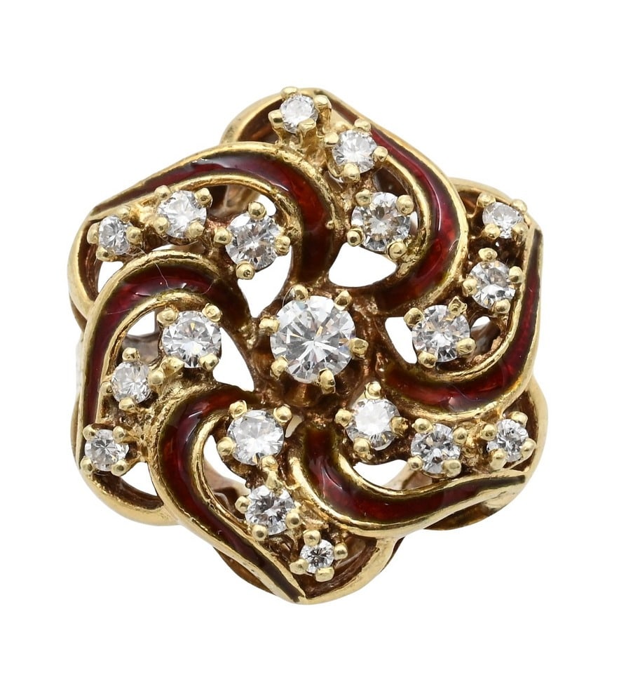 14K Yellow Gold Diamond and Enamel Pin Wheel Form Ring (1 of 6)