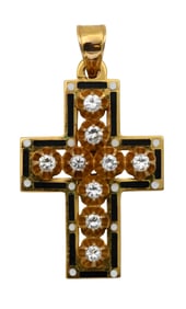 14K Yellow Gold and White Sapphire Enameled Cross Pendant
