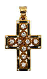 14K Yellow Gold and White Sapphire Enameled Cross Pendant: 14K Yellow Gold and White Sapphire Enameled Cross Pendant having nine sapphires (approximately 3.0 mm each) bordered by alternating white dot and black line enameling, marked "MW" length 2 inches, 10.
