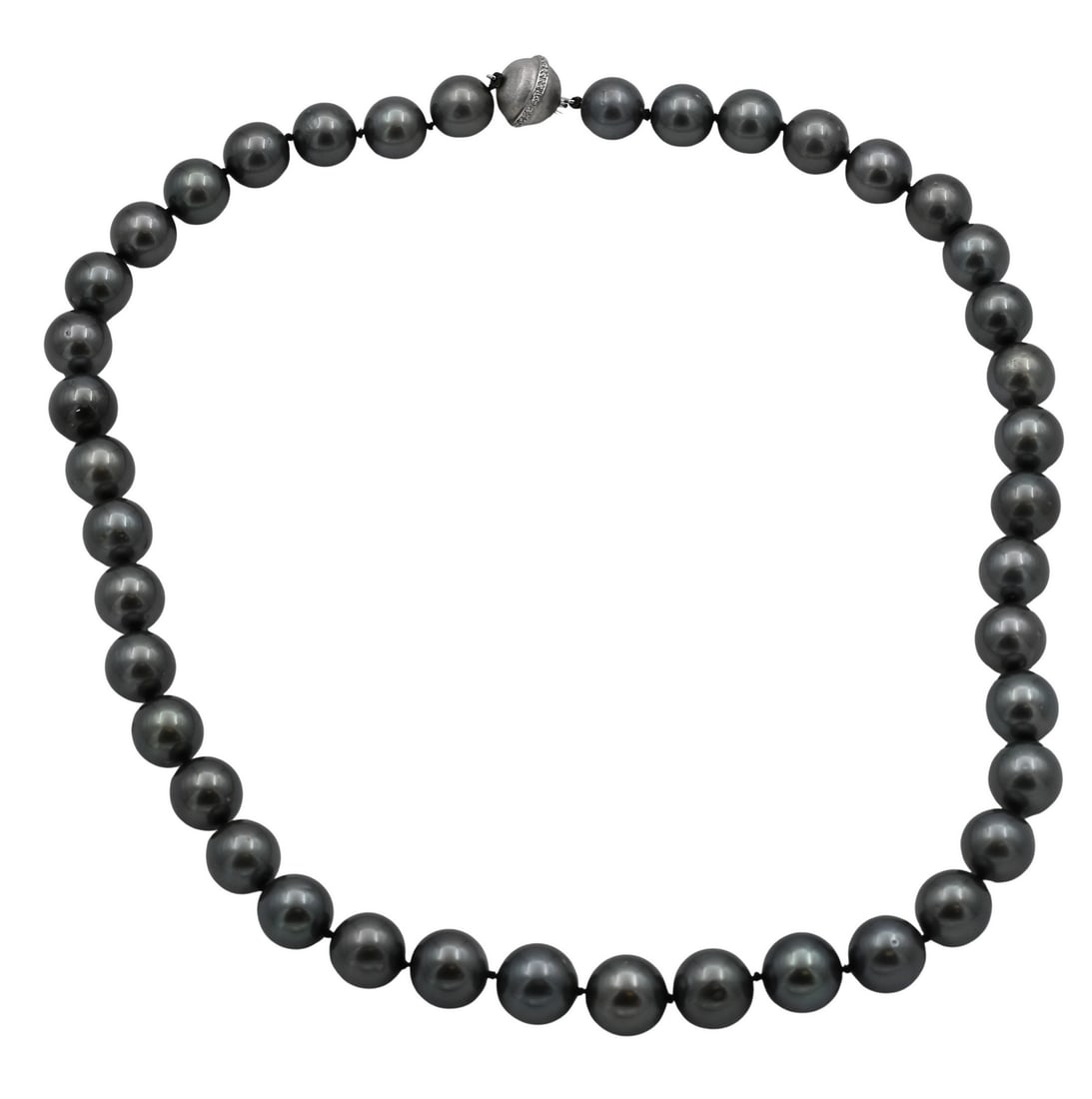Grey South Sea Pearls with 18K White Gold and Diamond Clasp: Grey South Sea Pearls with 18K White Gold and Diamond Clasp pearls graduated from 10mm to 11.9mm, with original receipt from Lux Bond and Green for $3,250 April 2005, length 20 inches