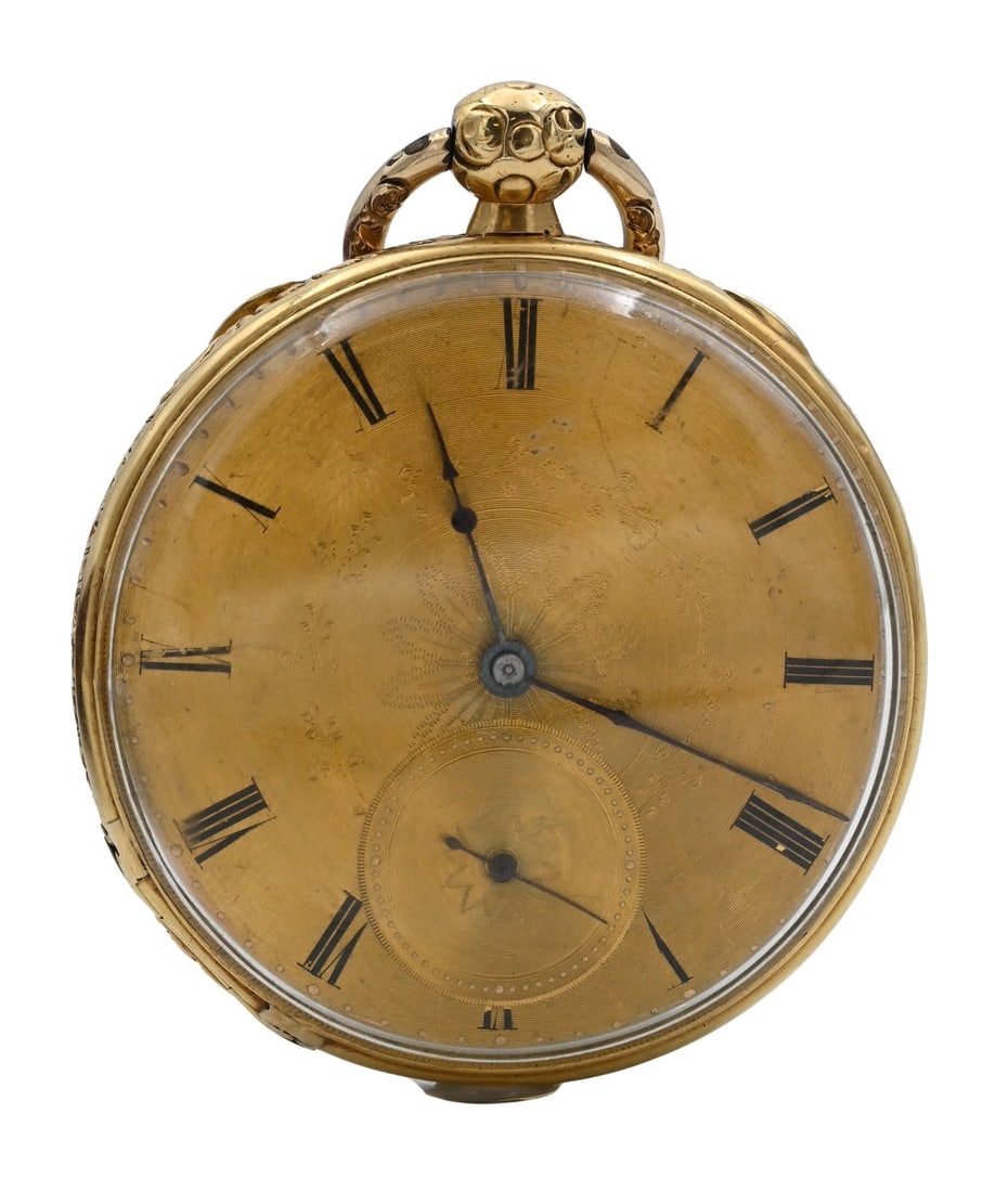 18K Gold A & F Crosclaude Pocket Watch: 18K Gold A & F Crosclaude Pocket Watch having a cylinder escapement and eight holes, jeweled movement #9899, case numbered 2673, has both keys for setting and winding 46mm, total weight 66.0 grams