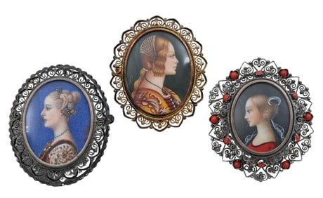 Three 800 Silver Painted Cameo Brooches / Pendants