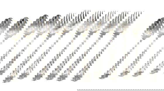 Tiffany and Company Sterling Silver Partial Flatware Set: Tiffany and Company Sterling Silver Partial Flatware Set in wave edge pattern to include six forks and five spoons weight 14.6 t.oz Provenance: The Estate of John L. Hughes of Southport, Connecticut