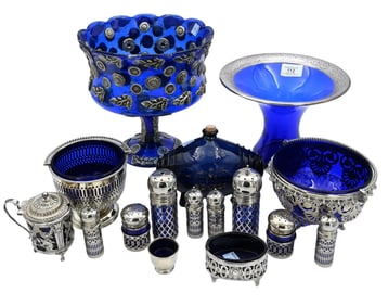 17 Piece Cobalt Glass and Silver Plate Group