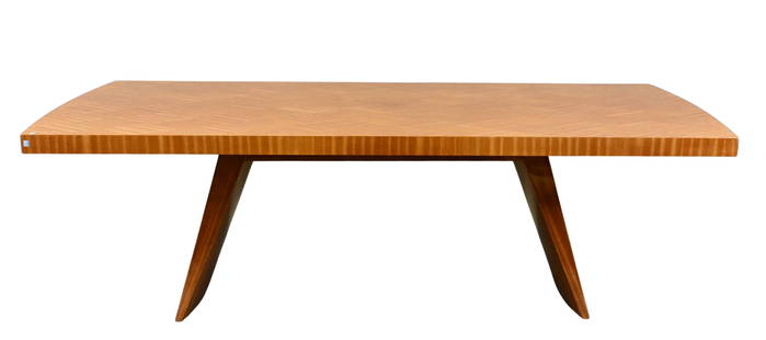 Dakota Jackson "Wonder" Dining Table: Dakota Jackson "Wonder" Dining Table postmodern shape with high glass finish, alternating wood grain inlaid marquetry top set on two flooring legs along with two leaves each 18 x 42, originally purcha
