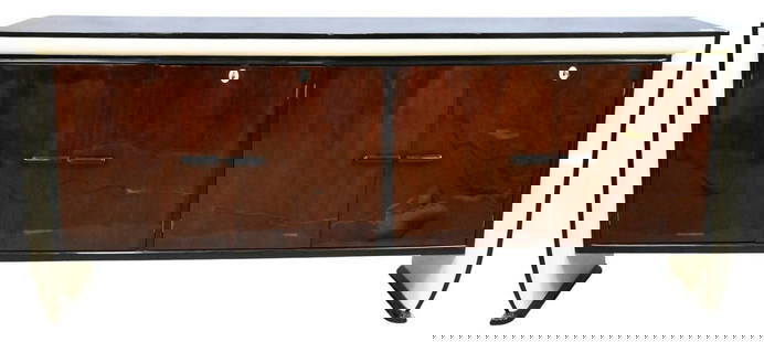 Osvaldo Borsani Italian (Italian 1911-1985) Art Deco Credenza: Osvaldo Borsani Italian (Italian 1911-1985) Art Deco Credenza having black lacquer top and sides with interior curved frame in ivory lacquer, front four door panels in Palissandre (rosewood) veneer wi