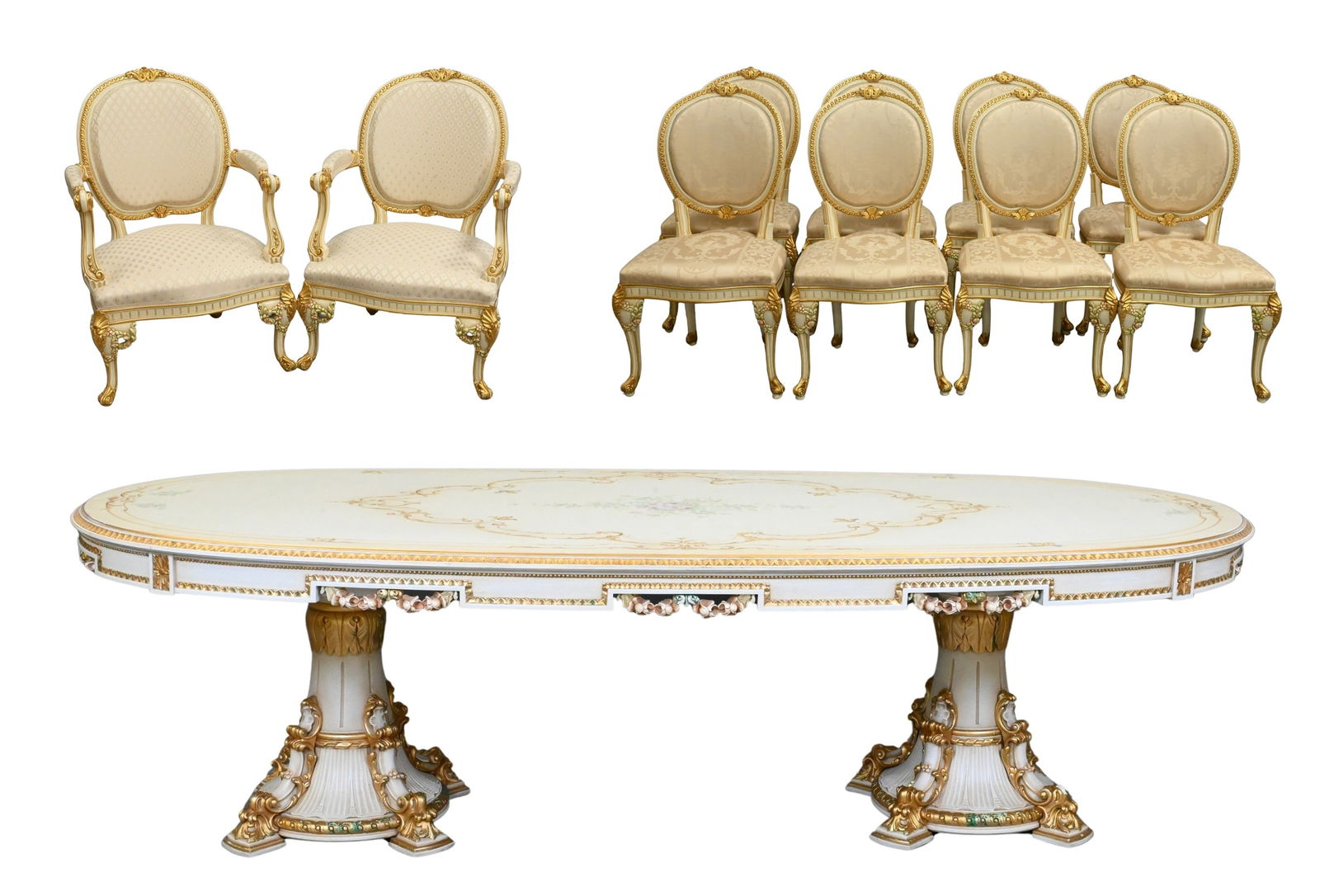 Nine Piece Meroni Francesco For Angelo Cappellini "Degas" Louis XVI Style Dining Set: Nine Piece Meroni Francesco For Angelo Cappellini "Degas" Louis XVI Style Dining Set to include painted oval dining table in craquelure cream finish with with central ribbons, garlands, and bouquets o