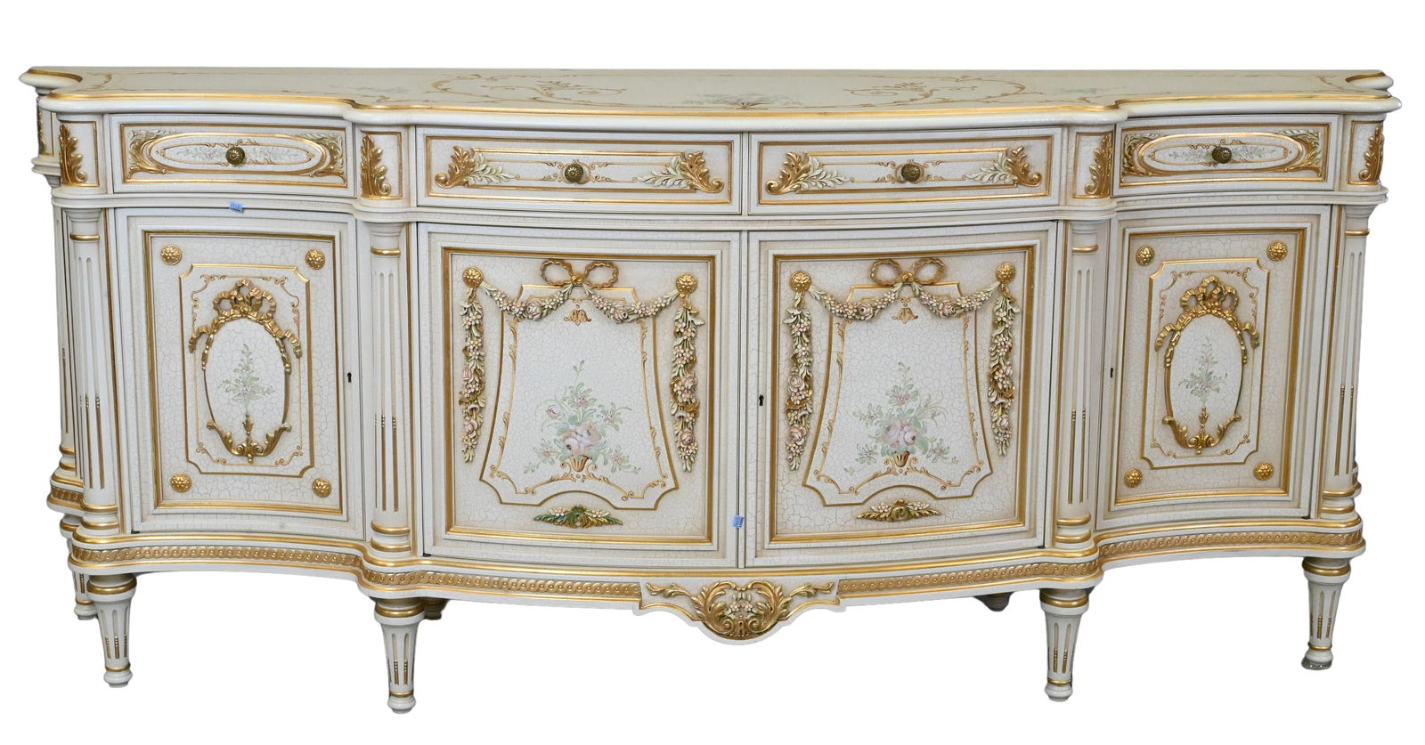 Meroni Francesco For Angelo Cappellini "Degas" Louis XVI Style Sideboard: Meroni Francesco For Angelo Cappellini "Degas" Louis XVI Style Sideboard having rectangular mirror surmounting shaped top over carved and painted in craquelure cream finish with with central ribbons,
