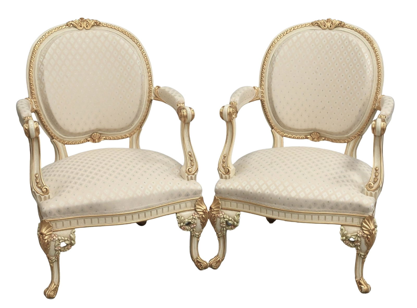 Pair Meroni Francesco For Cappellini "Degas" Louis XVI Style Fauteuils: Pair Meroni Francesco For Cappellini "Degas" Louis XVI Style Fauteuils having carved and giltwood body, argyle upholstery, flanked by open arms set over cabriole legs with carved and painted floral mo
