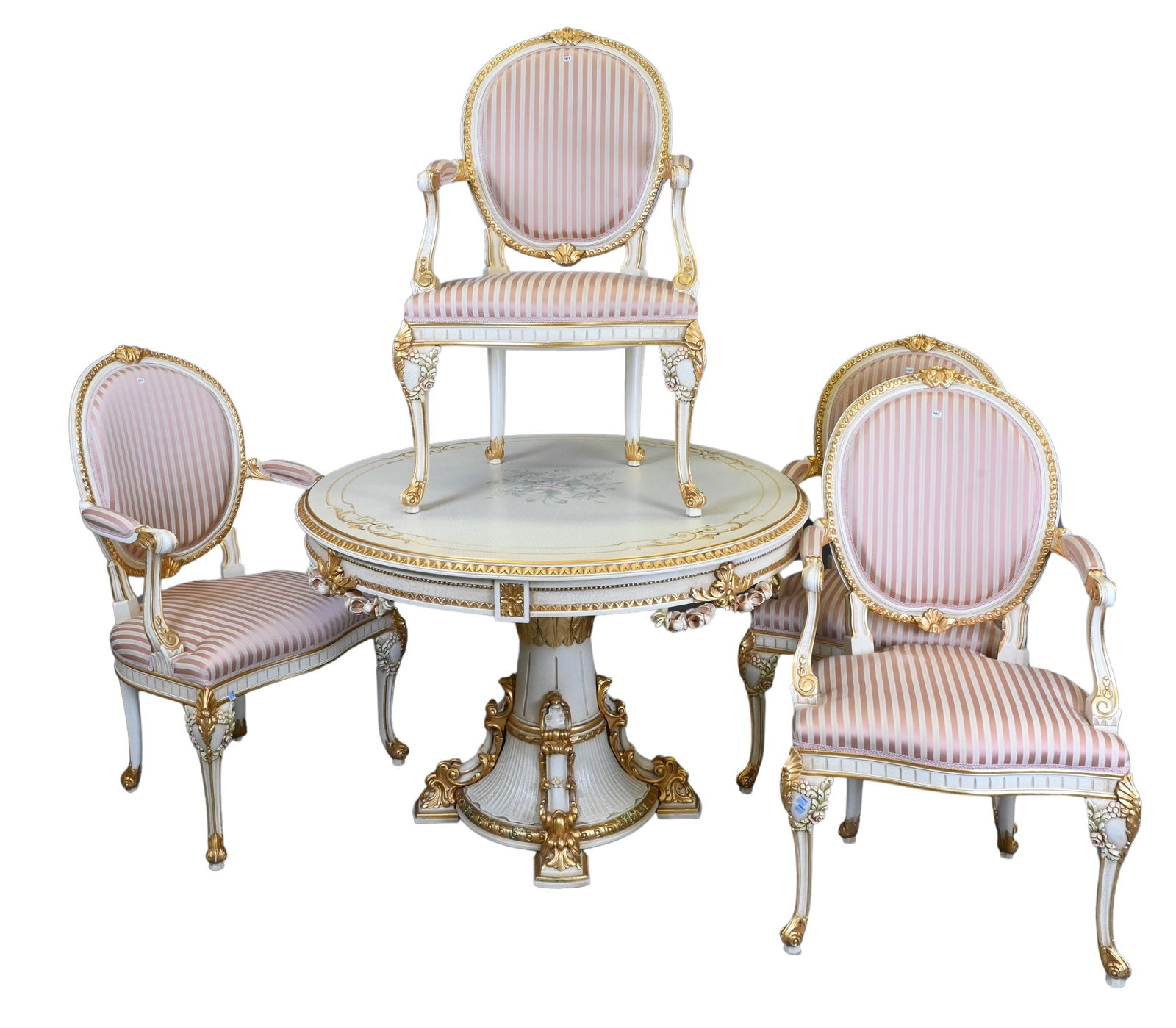 Five Piece Meroni Francesco For Angelo Cappellini "Degas" Louis XVI Style Dining Set: Five Piece Meroni Francesco For Angelo Cappellini "Degas" Louis XVI Style Dining Set to include round pedestal table having central floral and scrolling foliate motif over carved and giltwood base, al
