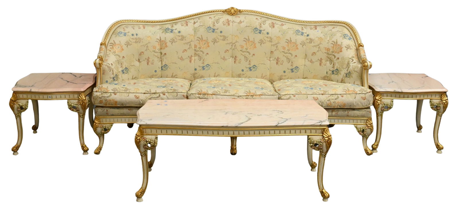 Four Piece Meroni Francesco For Angelo Cappellini "Degas" Louis XVI Style Living Room Set: Four Piece Meroni Francesco For Angelo Cappellini "Degas" Louis XVI Style Living Room Set to include floral upholstered three seat sofa, pink marble top coffee table along with two square pink marble