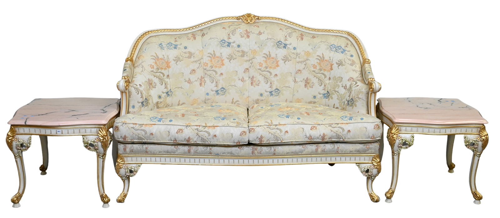 Three Piece Meroni Francesco For Angelo Cappellini "Degas" Louis XVI Style Living Room Set: Three Piece Meroni Francesco For Angelo Cappellini "Degas" Louis XVI Style Living Room Set to include floral upholstered loveseat sofa, along with two square pink marble top side tables, each having c