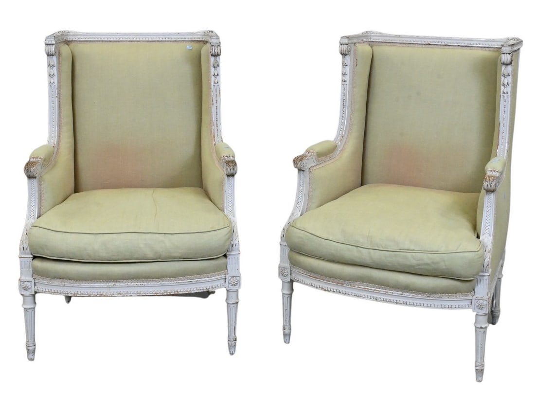 Pair of Louis XVI Style Bergeres: Pair of Louis XVI Style Bergeres having carved grey frames (upholstery soiled) height 41 inches, width 27 1/2 inches Provenance: Part of a collection from Essex, Connecticut