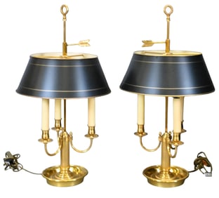Pair of French Empire Style Brass Bouillotte Table Lamps