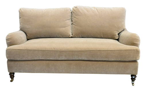 George Smith Custom Mohair Loveseat: George Smith Custom Mohair Loveseat in down filled beige upholstery with two back cushions and single long seat cushion having rolled arms over turned wood and two brass caster feet height 32 inches,